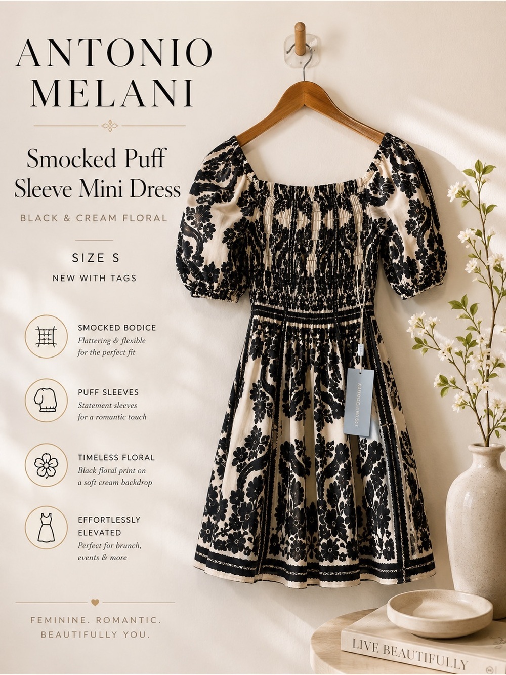 Antonio Melani Smocked Floral Puff Sleeve Mini Dress Black Cream Size S NWT